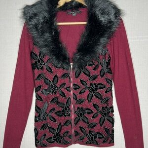 Boston Proper Detachable Faux Fur Lace Burgundy V Neck Cardigan XS